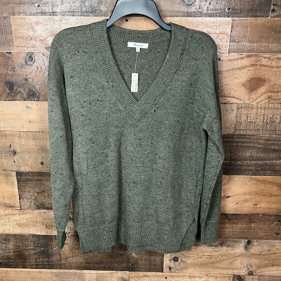 Madewell Sweater Donegal Forest Bartlett V Neck Pullover Green Black Speckled XS - Picture 14 of 14